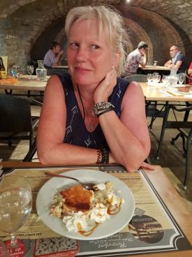 Sharon eating pudding