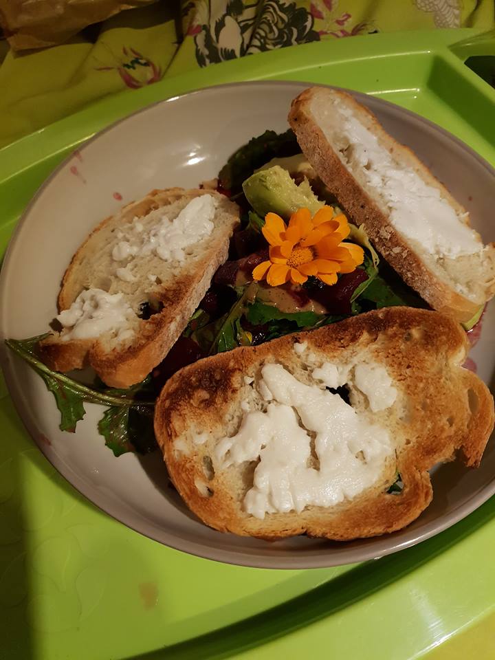 Rocket and calendula salad with goats cheese toasts