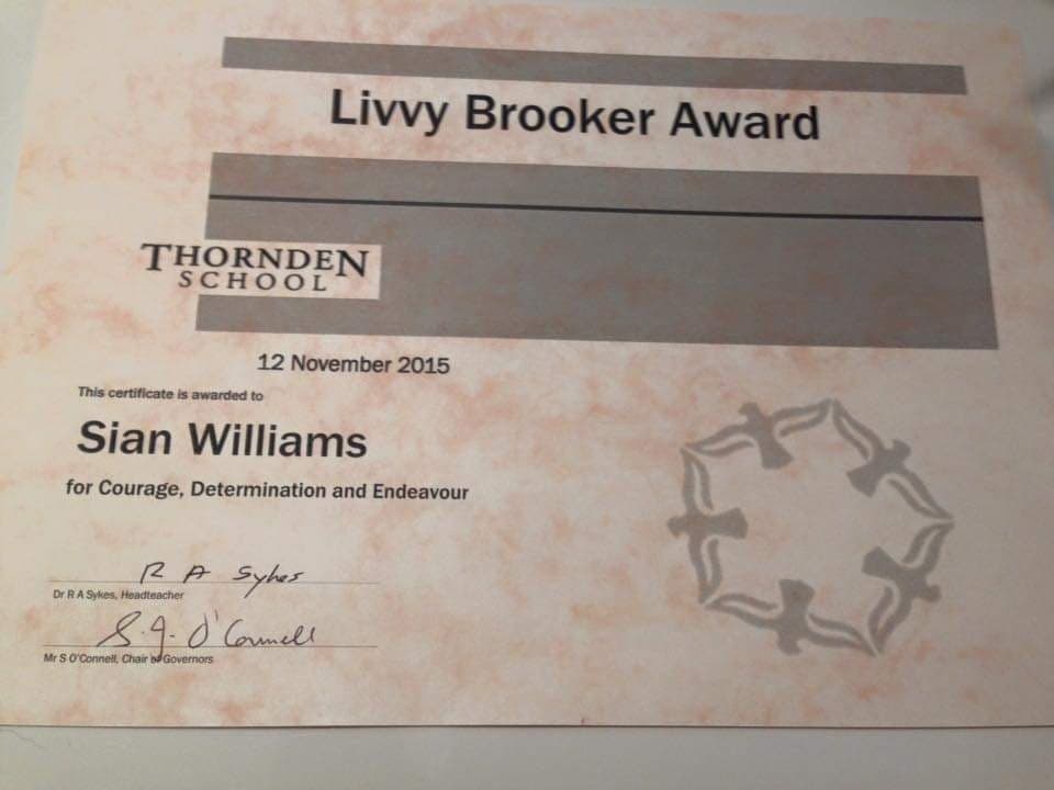 Livvy Brooker award certificate